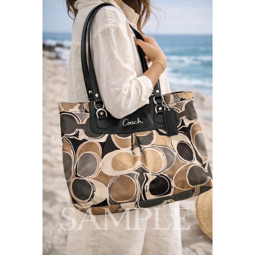 Coach Signature Print Tote Bag Brown Tan Black Patent Leather Trim Shoulder Bag